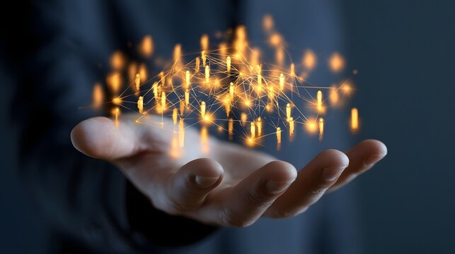 Hand holding glowing network of people connections and data points