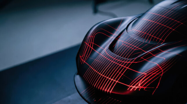 Sleek aerodynamic design with red lines highlights smooth curves of futuristic car body in dimly lit environment