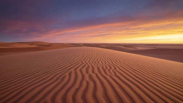 Golden sand dune desert with rippled patterns under dramatic colorful sunset sky