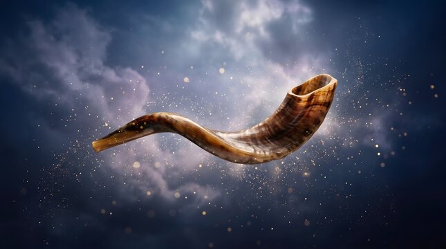 Sacred shofar ram horn for yom kippur against a dramatic sky