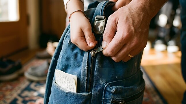 Close up of a father helping his child zip up a blue backpack before school in the morning