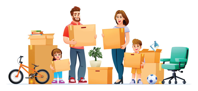 Family moving house concept with happy people, boxes and furniture on white. Vector cartoon illustration
