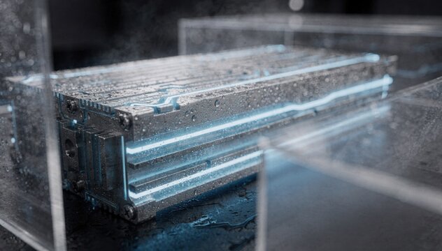 Detailed closeup of a fuel cell stack with glowing blue channels and condensation beads featuring ultrasharp focus on the tech amidst softly blurred transparent panels and neonblue