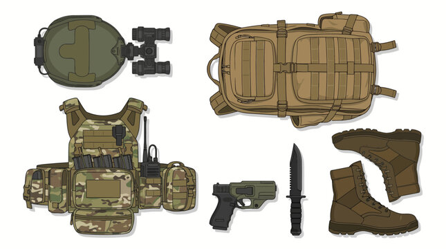 Tactical military camouflage equipment and combat gear vector icon set, isolated army soldier infantry uniform items