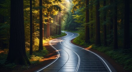 Fototapeta premium A winding forest road featuring integrated solar panels on the surface, surrounded by tall lush trees and sunlight filtering through leaves, rays, renewable, outdoors