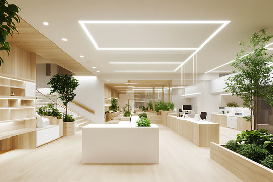 Bright and spacious office reception area featuring light wood paneling, white desks, green indoor plants, and recessed ceiling lighting fixtures