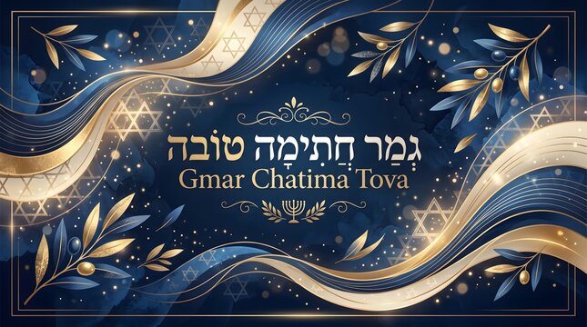 Yom kippur greeting with golden olive branches and hebrew text