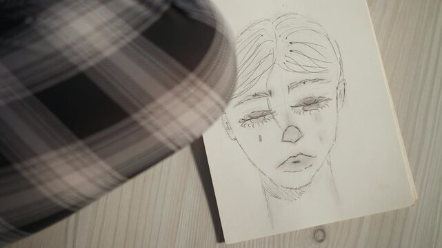 Sketchbook portrait revealed under plaid, dotted facial map in ink, closeup on wooden table, hand gesture slightly obscuring face, moody vintage lighting, mysterious fortune atmosphere.
