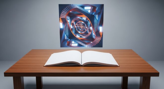 A wooden desk features an open blank notebook beneath a surreal architectural illusion of endless interlocking stairs in a minimalist room, clean, infinite, stairs
