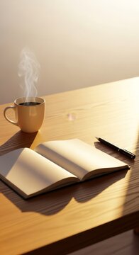 A wooden desk bathed in golden morning sunlight features a blank open notebook, a minimalist black pen, and a steaming white ceramic mug, mug, table, minimalist