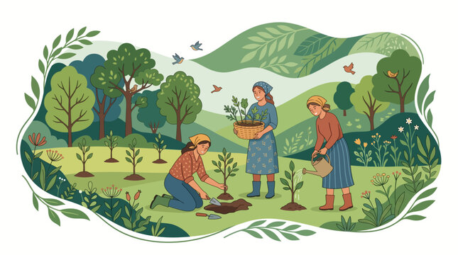 people planting trees in green landscape.