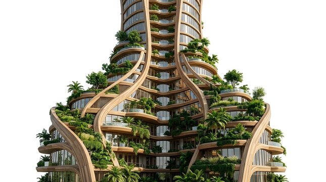 Sustainable Biophilic Skyscraper Architecture with Green Terraces and Organic Wooden Structure Isolated on White Background