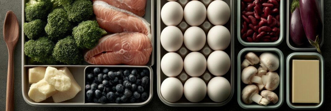 Healthy protein ingredients are arranged in storage containers on a table. Fresh food is well organized with realistic textures in good lighting