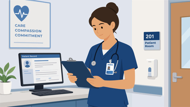 Registered nurse wearing blue scrubs reviewing patient records at a medical clinic workstation