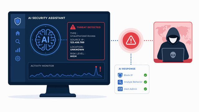 Artificial intelligence powered cybersecurity interface monitoring digital threats and blocking malicious hacking attempts