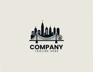 Fototapeta premium City Skyline Suspension Bridge Minimalist Black Vector Logo Urban Landmark Design