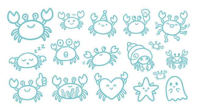 Collection of cute cartoon crabs and sea creatures in various poses and expressions, perfect for children's designs.