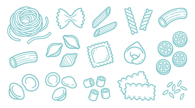 A collection of various types of uncooked pasta shapes, illustrated in a simple line art style with a teal outline.