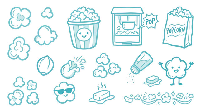 Cute hand-drawn popcorn elements and characters, perfect for food-related designs.