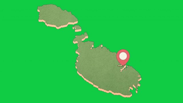 Animated Malta Map with Bouncing Location Marker on Valletta City, Transparent Background, Alpha Channel, HD