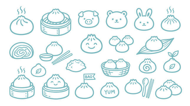 Cute Kawaii Dumplings and Animal Faces Collection, Steamed Buns and Food Illustrations.