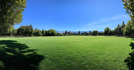 Fototapeta premium Panoramic view of a large green grassy park with tall trees under a clear blue sky, creating a peaceful and open public recreation space