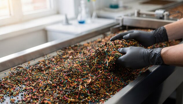 Closeup of gloved hands inspecting vibrant compostable pellets on a conveyor softly lit by natural window light in a modern sustainable materials laboratory setting