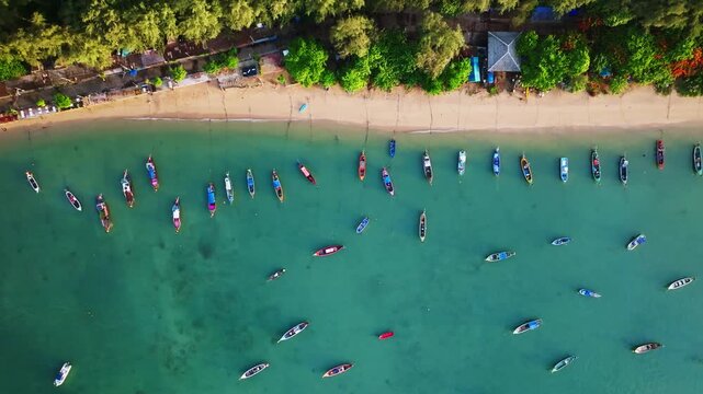Beautiful sea longtail fishing boats and many boats in the phuket island Thailand