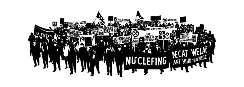 Crowd of protesters holding signs and banners, demonstrating against nuclear energy, black and white vector illustration vector art