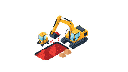 Naklejka premium Isometric Excavator and Construction Vehicle Working on Digging Site, Heavy Machinery Mining Illustration