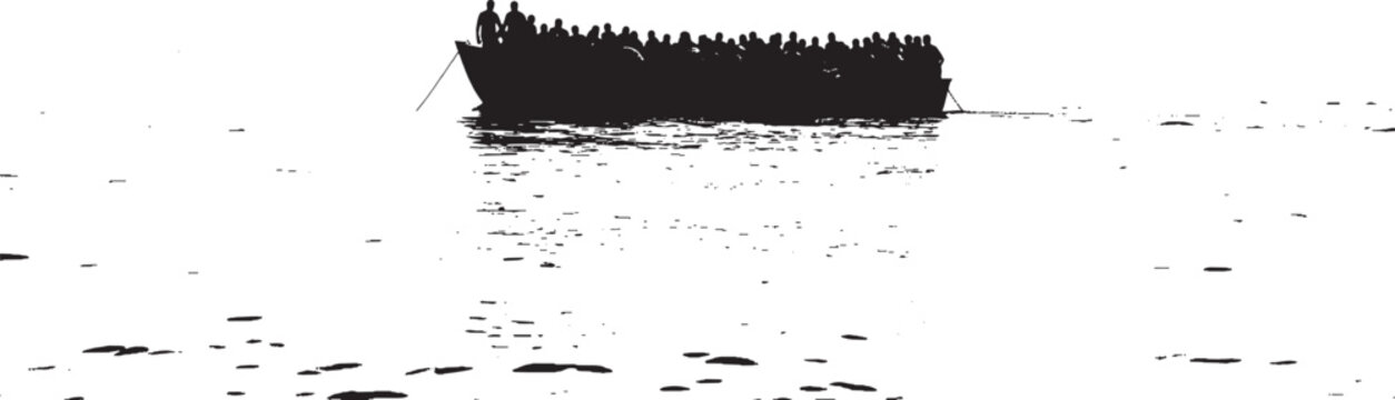 Silhouette of a crowded boat full of refugees and migrants at sea vector art