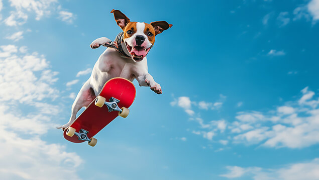 A happy dog jumping in the air while riding a red skateboard against a bright blue sky with scattered white fluffy clouds in the background