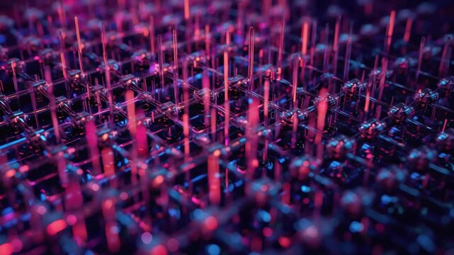 Neon circuit grid with glowing vertical pins and reflective connectors evoking futuristic energy