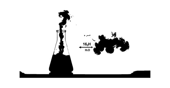 Chemical reaction in a laboratory flask with smoke and liquid spill vector art