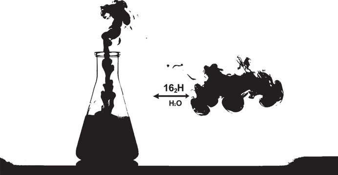 Chemical reaction in a laboratory flask with smoke and liquid spill vector art