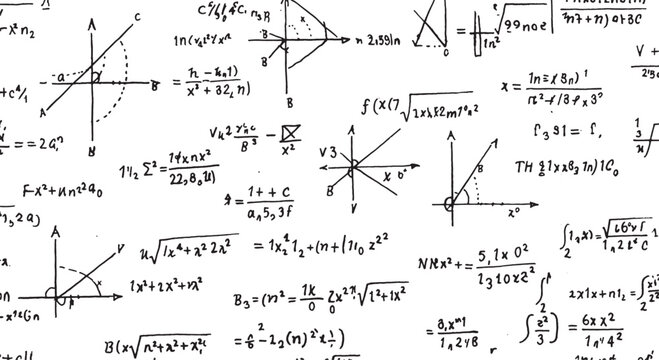 Handwritten mathematical formulas and geometric diagrams on a vector art