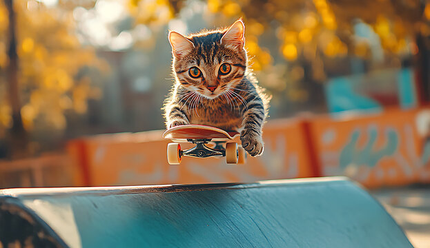 A cute tabby kitten performing a skateboard trick in mid-air above a ramp in a park with a blurred autumn background, and warm golden sunlight