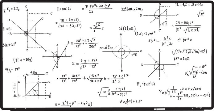 Complex mathematical formulas and geometric diagrams on a whiteboard vector art