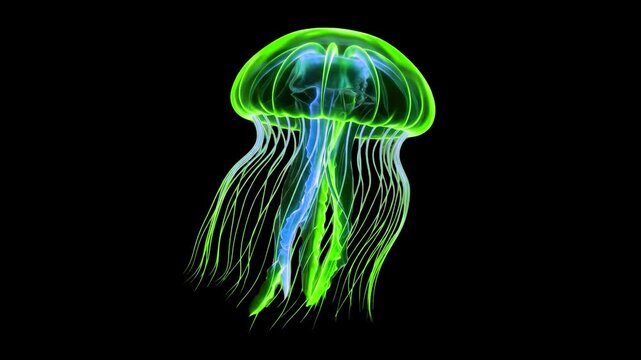 A beautiful 3D stylized animation showcasing a large, luminous green jellyfish with subtle blue accents pulsing its bell and trailing its long, fine tentacles down through a black background. Ideal fo