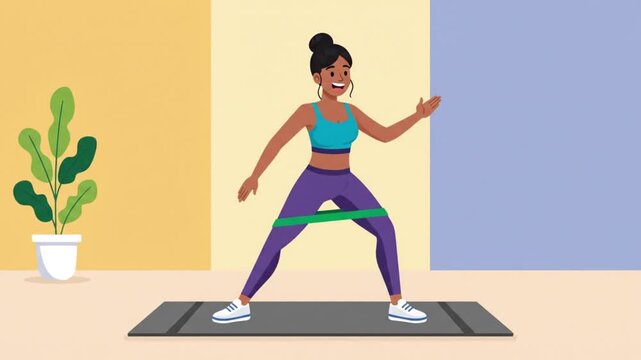 Happy young woman exercising with resistance band on fitness mat at home vector illustration