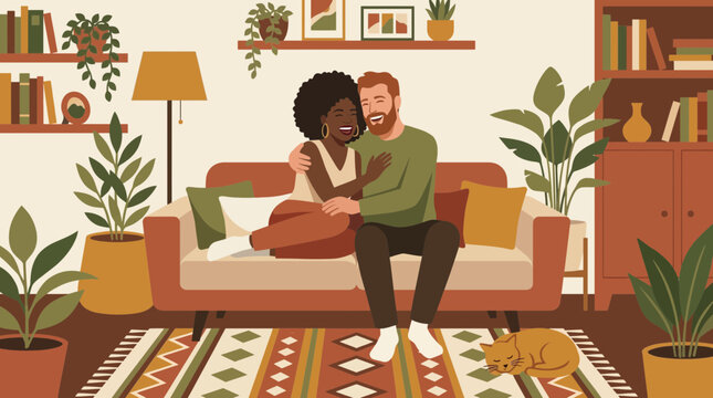 Diverse Couple Laughing in Cozy Home Interior