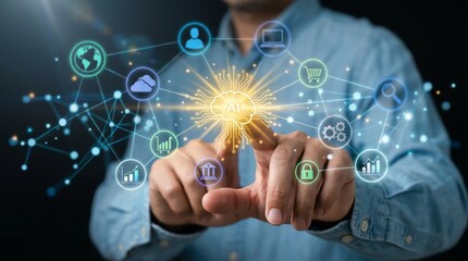 Obraz premium Digital connections and technology integration concept, business man touching network cloud
