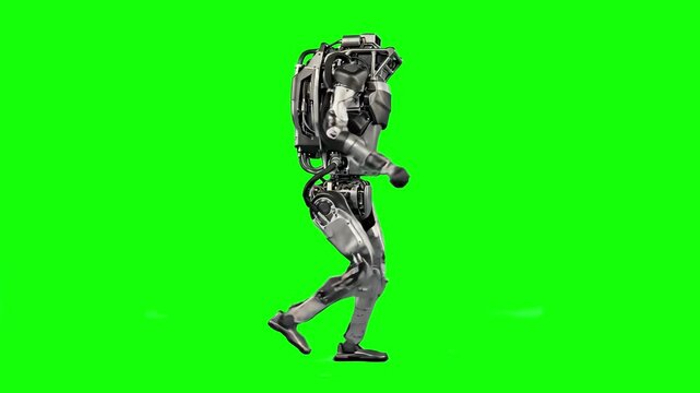 A 3D animation of a complex industrial humanoid robot walking forward in a side profile view. This green screen chroma key asset is ideal for science fiction films, technological presentations, and en