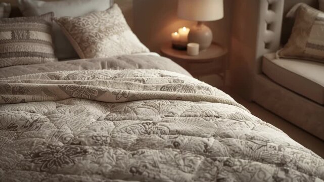 Cozy neutral bedroom quilted bedspread with pillows nightstand lamp and candlelight
