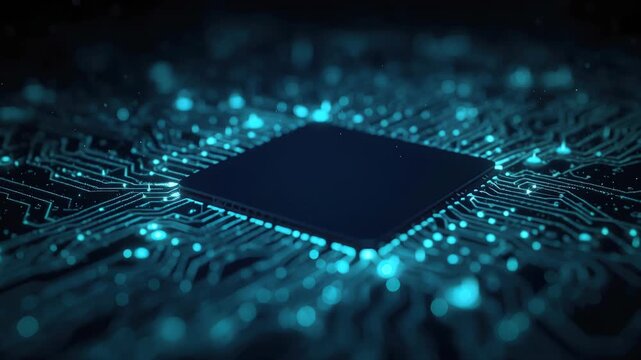 Microchip circuit board glowing blue neon traces with bokeh lights, depth of field, dynamic sparks