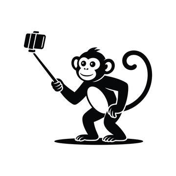 Monkey taking selfie with smartphone on a stick, black and white cartoon vector.