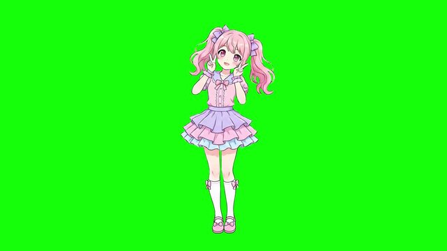 A 2D Japanese anime style female pop idol character with pink hair dancing on a chroma key green background. This animation is tailored for vtuber content, gaming stream overlays, and J-pop music proj