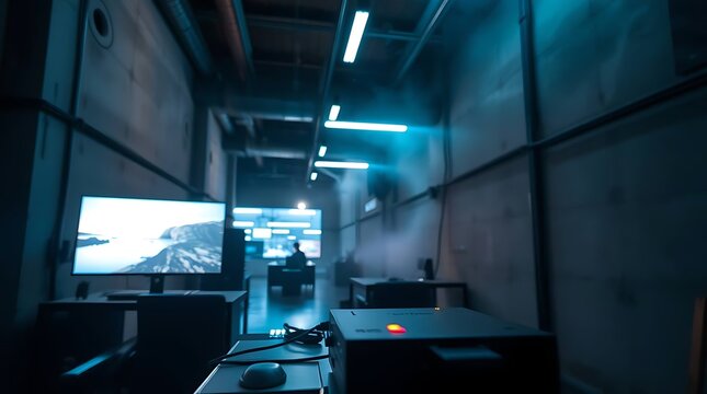Modern professional video editing studio with computer monitors and glowing blue neon lights in a dark industrial office room