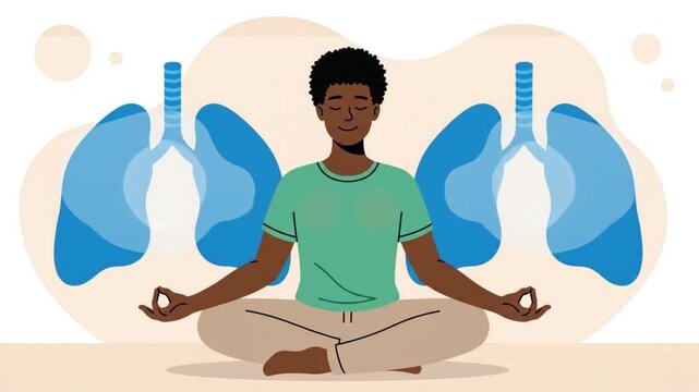 Man Meditating and Doing Breathing Exercise with Lung Icon Illustration