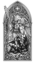 Obraz premium St Michael Slaying Dragon Gothic Arch Tattoo Design